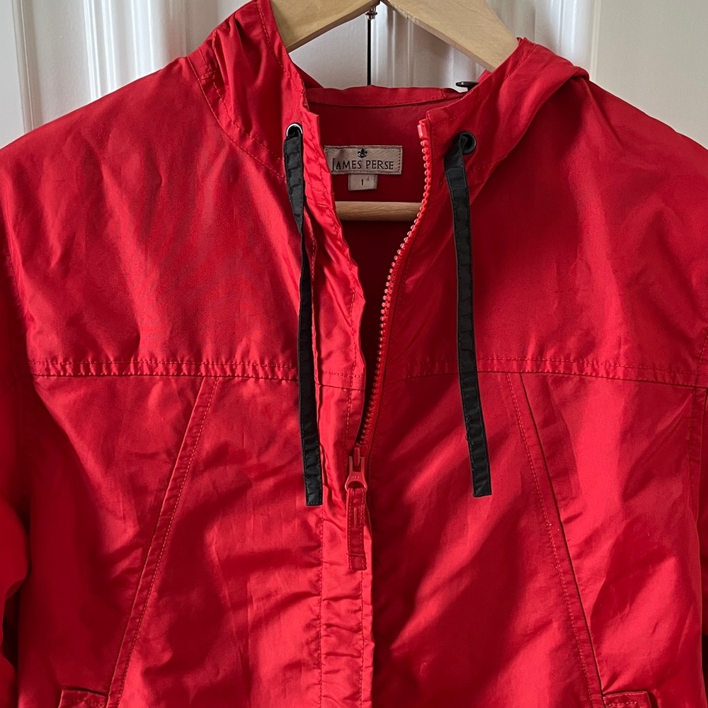 Vintage James Perse Red Hooded Zip-Up Jacket with Black Drawstrings